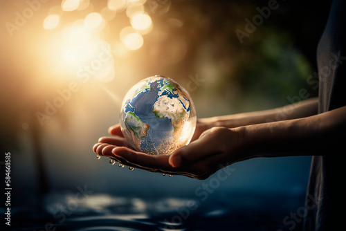 Fototapeta Naklejka Na Ścianę i Meble -  world peace, water planet wrapped in hands, blue earth