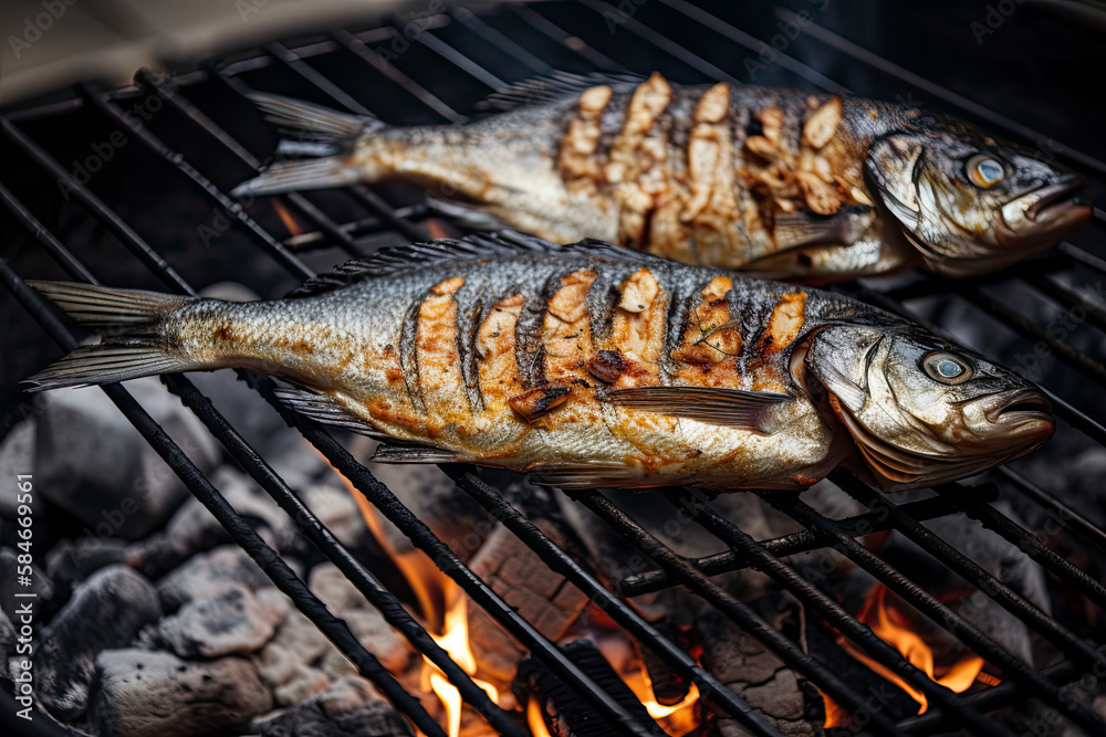 Fish on a grill with beautiful grill marks created with Generative AI
