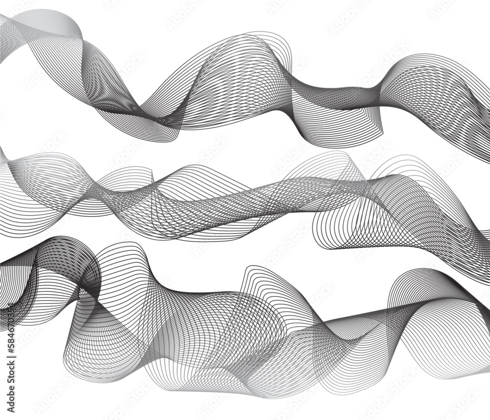 Abstract black, grey wave blend lines set background. Digital frequency track equalizer. Abstract frequency sound wave lines and twisted curve lines background.