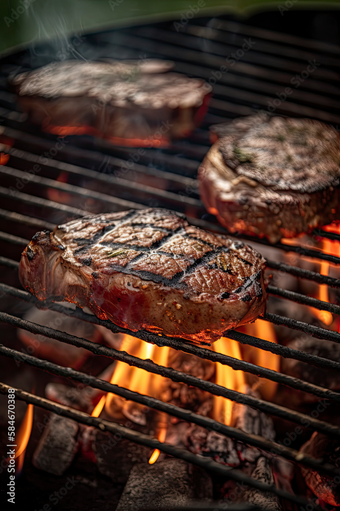 Large steaks with grill marks on the grill with Generative AI technology Large steaks with grill marks on the grill with Generative AI technology