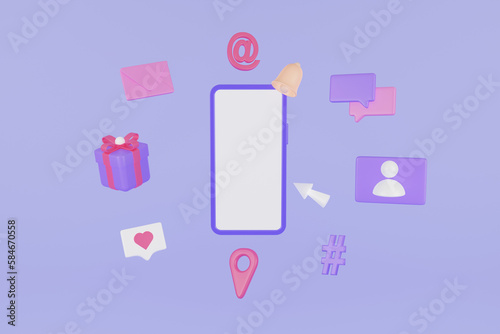 Mobile phone with 3d icons. Social media platform, online social communication applications concept, emoji, image, chat and chart with smartphone background. 3D Rendering