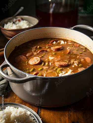 Large pot of gumbo with sausage and rice created with Generative AI technology