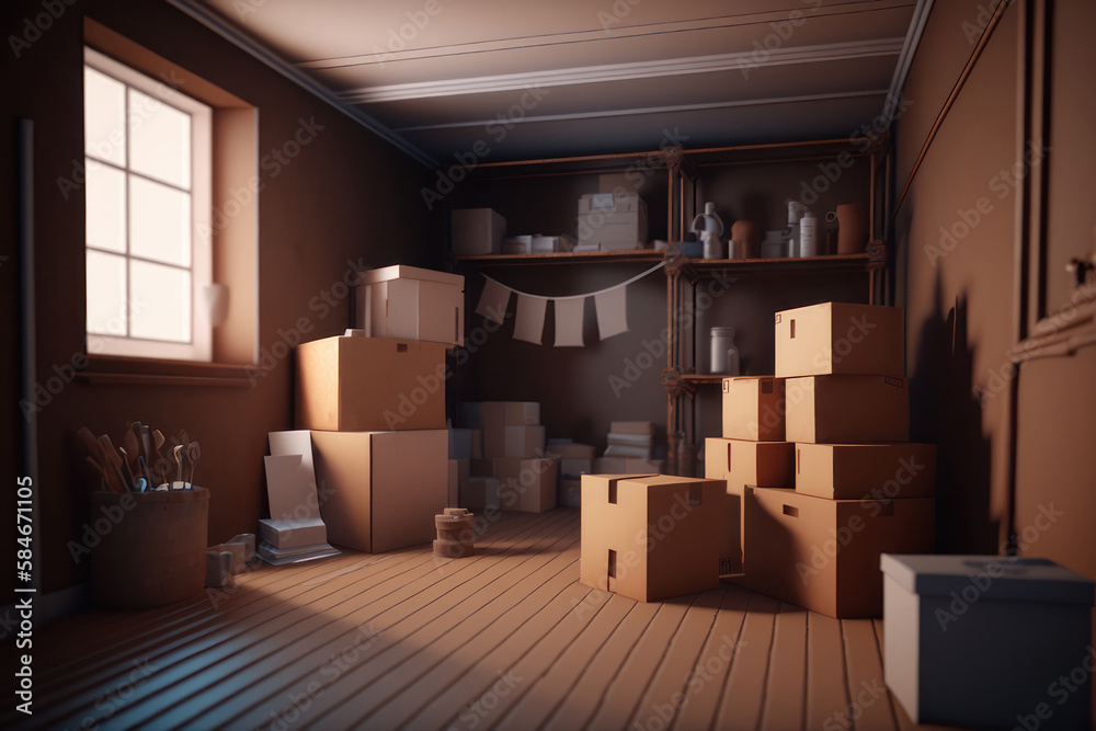 Cardboard boxes in the apartment, moving. AI generative. Cardboard boxes in the apartment, moving. AI generative.