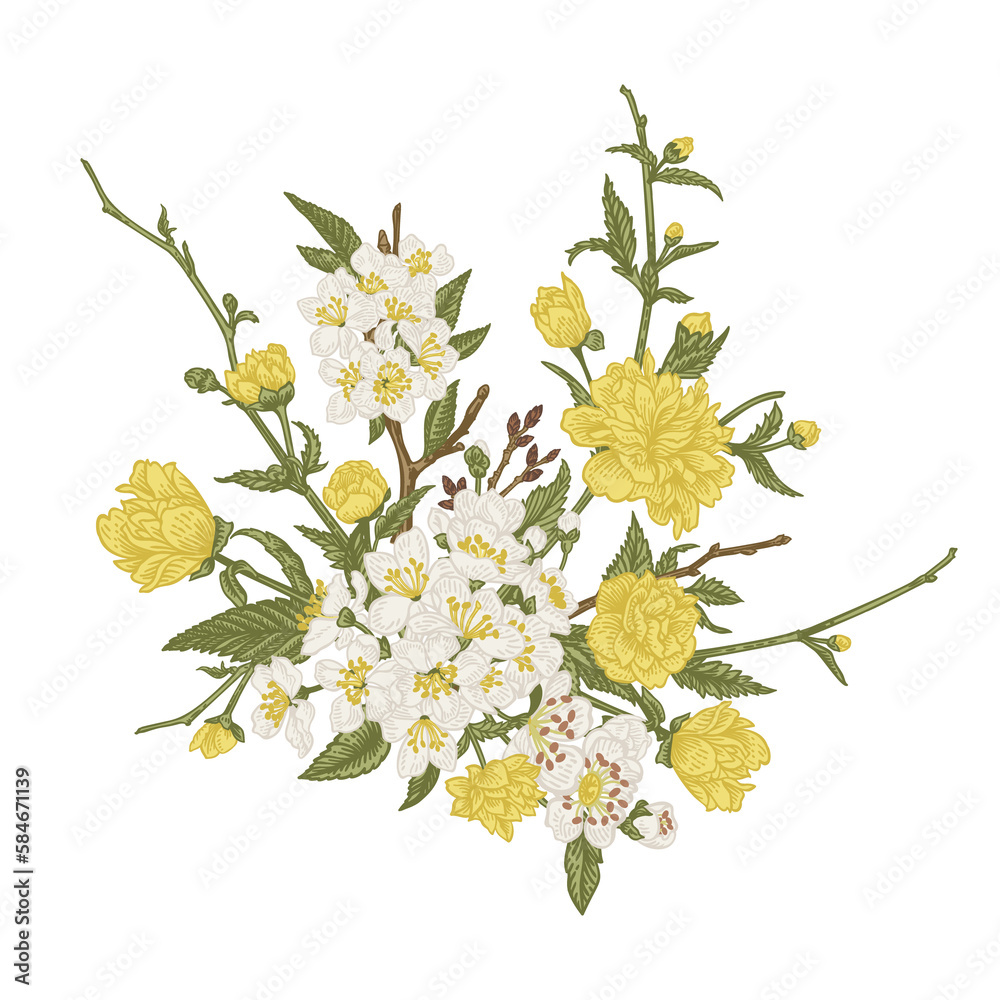 Spring bouquet with blossoming branches of trees, isolated on a transparent background. Vintage style. Kerria Japanese, cherry, hawthorn. Sketch.