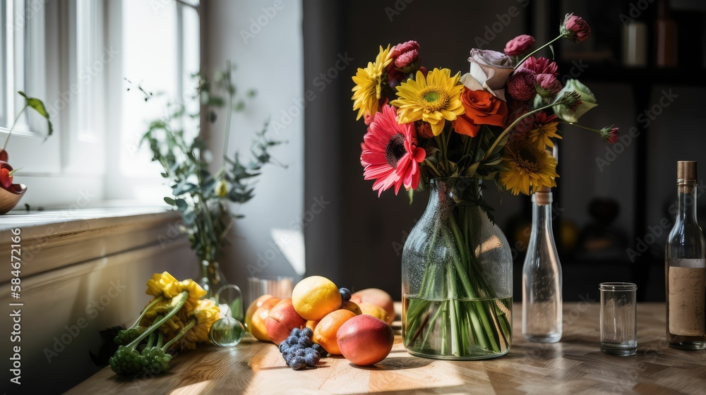 still life with flowers and fruits, generative AI still life with flowers and fruits, generative AI