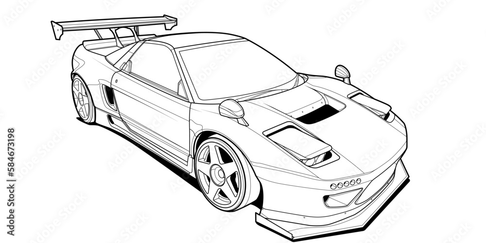 Coloring page vector line art illustration car for book and drawing. Black  contour sketch. Isolated on white background. High-speed drive vehicle.  Graphic element. Stroke without fill Stock Vector