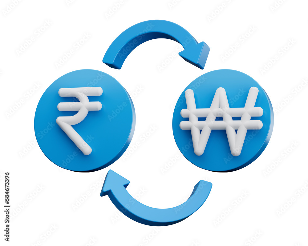3d White Indian Rupee And Won Symbol On Rounded Blue Icon With Money Exchange Arrows 3d illustration 3d White Indian Rupee And Won Symbol On Rounded Blue Icon With Money Exchange Arrows 3d illustration