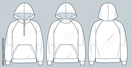 Raglan Sleeve Hoodie technical fashion illustration. Hooded Sweatshirt fashion flat technical drawing template, pocket, zip-up, front and back view, white, women, men, unisex CAD mockup set.