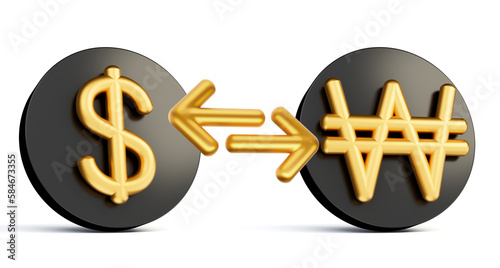 3d Golden Dollar And Won Symbol On Rounded Black Icons With Money Exchange Arrows, 3d illustration