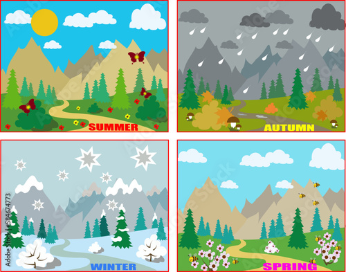 Seasons. Summer autumn Winter Spring. Mountain sun, sky, clouds, Rain, snow, flowers, bees, butterflies, spruces, maples..