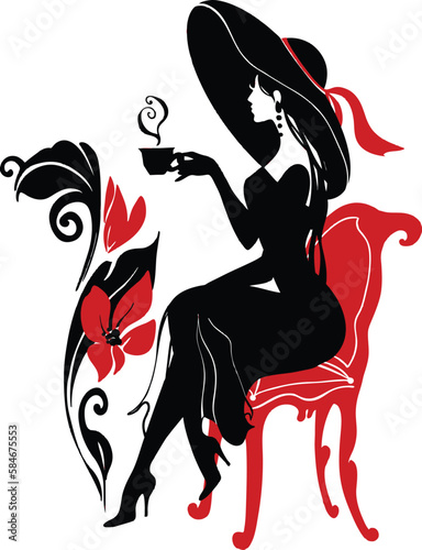 Elegant silhouette of beautiful woman in big hat with a cup of coffee or tea. Beautiful silhouette for stylish and luxurious design of vintage style. Isabelle series