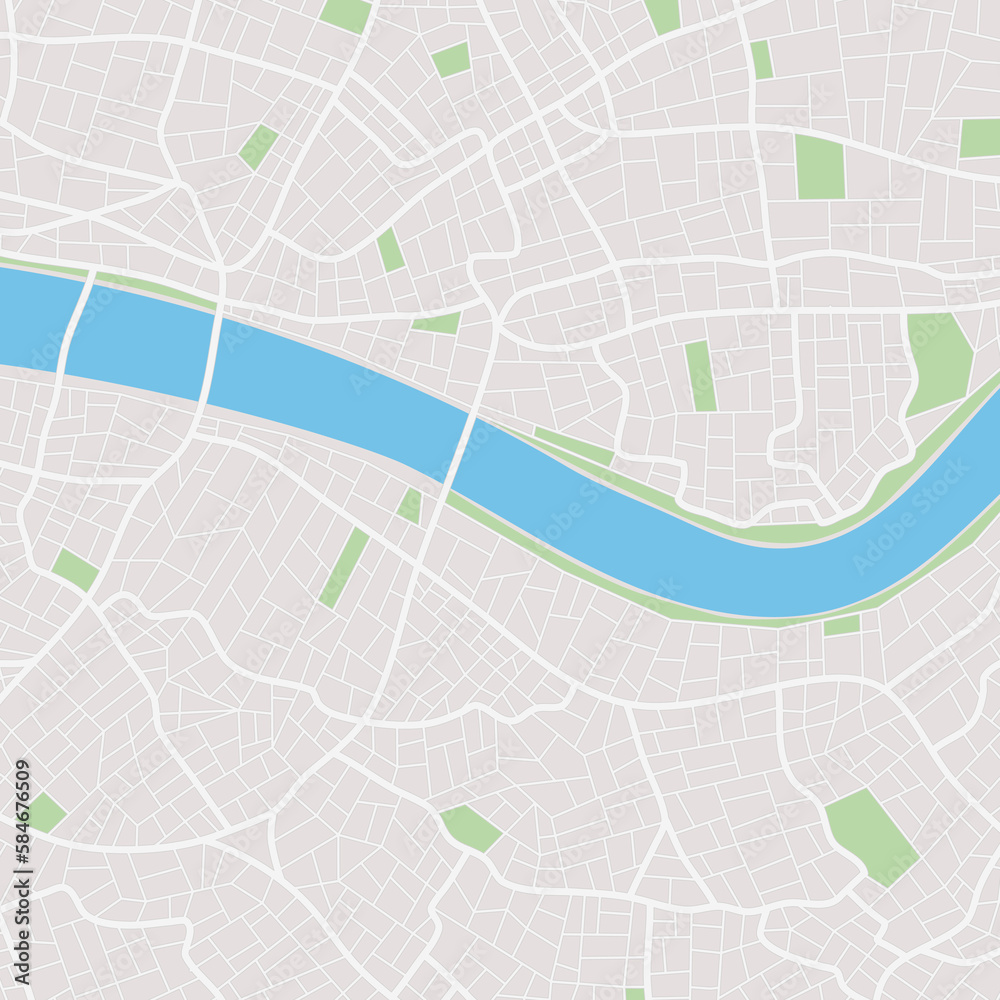 City map. Town streets with park and river. Vector.
