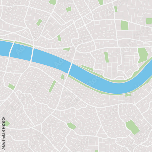 City map. Town streets with park and river. Vector.