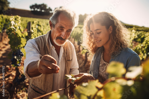Couple of winegrowers picking grapes while watching the growth of the crop in the vineyard. Generative Ai