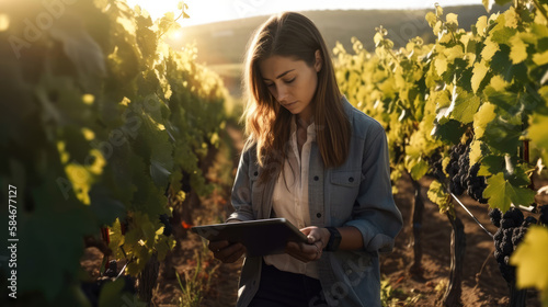 Wine grower woman watching the growth of the grape crop while taking notes on the tablet in the vineyard. Generative Ai