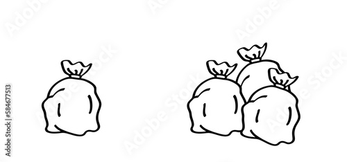 Dustbin, garbage bag and container. Rubbish can and plastic bag. Waste bin or or litterbin. Garbage can, trash can. Trash bin or dust bin symbol. For waste Recycling, plastic bag pile.