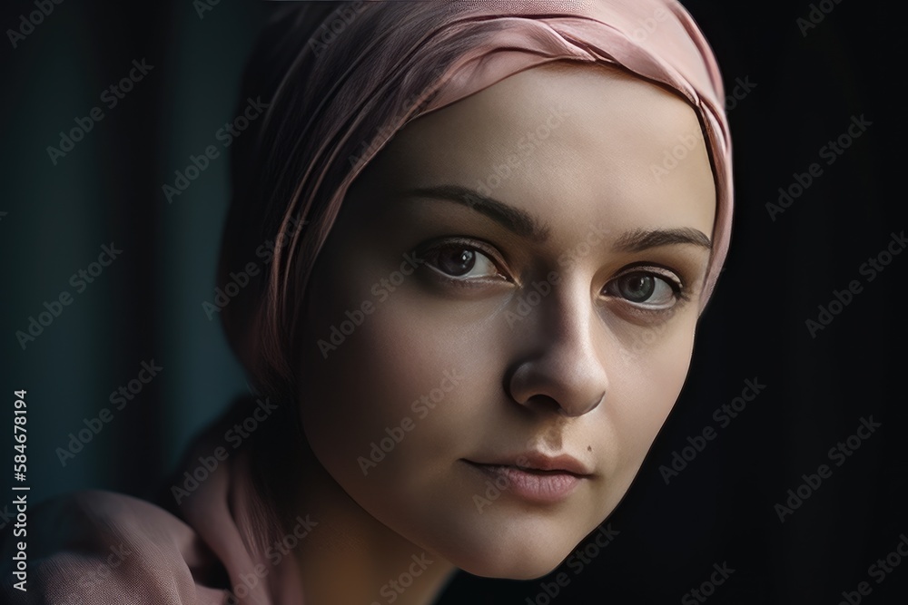 Portrait of a middle age bald woman wearing a pink headscarf. Generative AI Portrait of a middle age bald woman wearing a pink headscarf. Generative AI