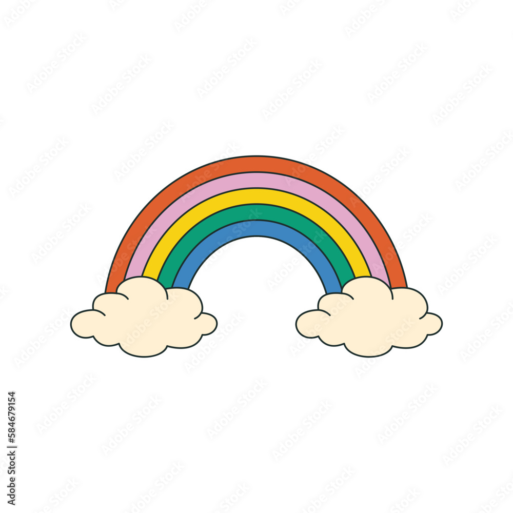 Groovy rainbow with clouds in trendy retro cartoon style. Vector illustration isolated on white background. Groovy rainbow with clouds in trendy retro cartoon style. Vector illustration isolated on white background.