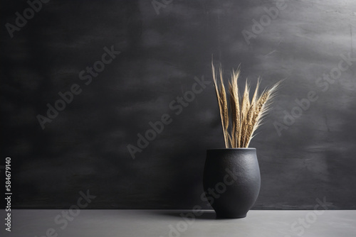 Modern design with a matte black ceramic vase and dried pampas grass on a concrete wall