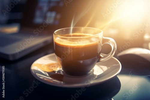 Una tazzina di caffè espresso in tazza di vetro, su una scrivania con un computer portatile photo