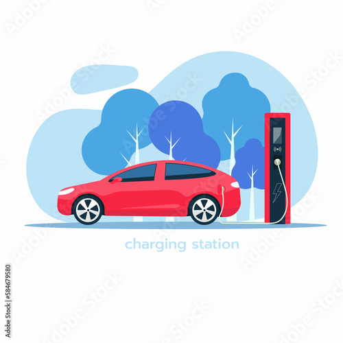 Fototapeta Naklejka Na Ścianę i Meble -  Electric car is charging. Electric car with charging station. The concept of charging an electric car.