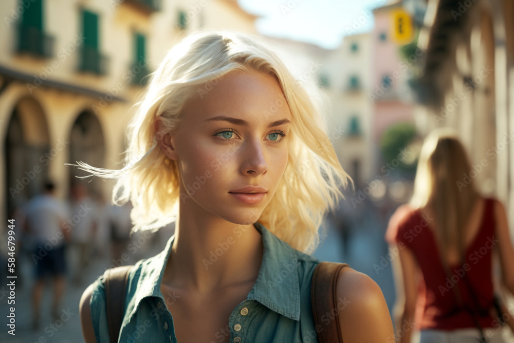 a young woman with short blond hair, sunny weather, fictional place, Generative AI
