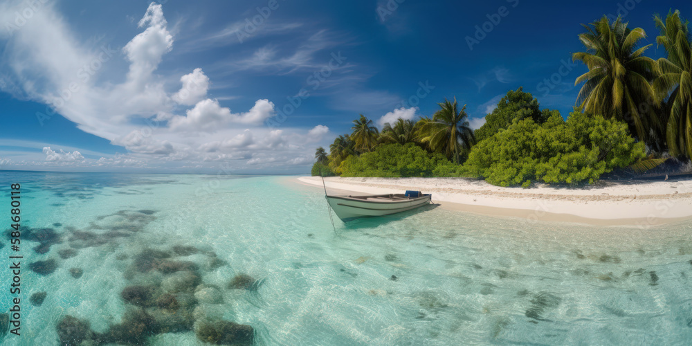 Fototapeta premium Plage de sable blanc avec mer turquoise et transparente, vue de la mer par une belle journée d'été