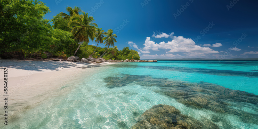 Plage de sable blanc avec mer turquoise et transparente, vue de la mer par une belle journée d'été