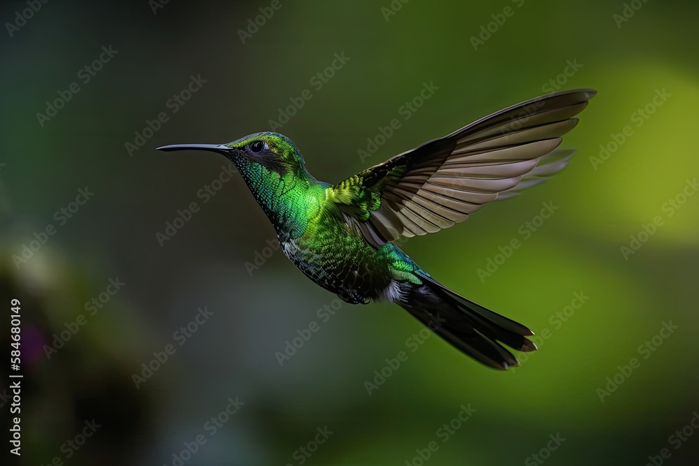 Fototapeta premium Phaethornis man, Costa Rica, clear, light green background. wildlife scene in the wild. Bird flying across a jungle. Long beaked hummingbird. jungle animal from the tropics. Generative AI