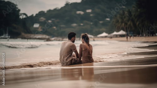 couple amoureux se tenant la main sur la plage au soleil couchant, ambiance romantique et paisible