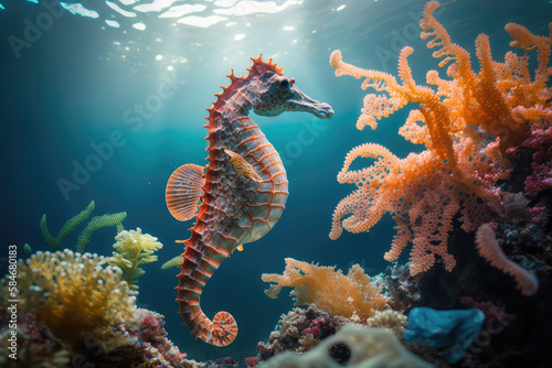 Image for 3d floor. Underwater world. Seahorse. corals. (ai generated) © ImagineDesign