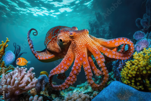 Image for 3d floor. Underwater world. Octopus. corals. (ai generated)