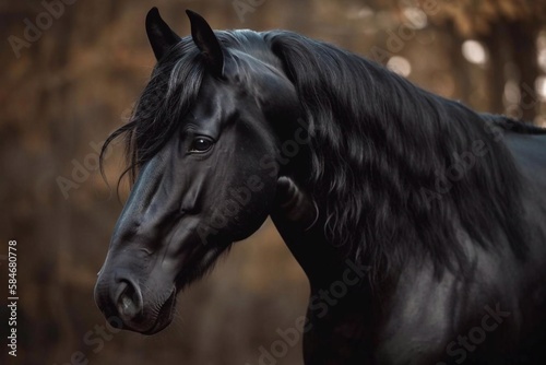 Beautiful black horse portrait. AI Generated