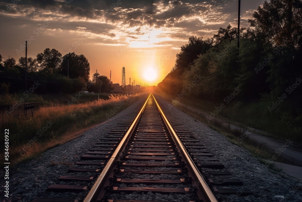 Fototapeta premium Railroad track during sunset. AI Generated