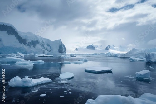 Icebergs in Antarctica and winter landscape. AI Generated