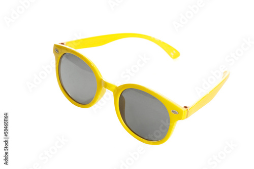 Sunglasses in a yellow plastic frame isolated on a white background.