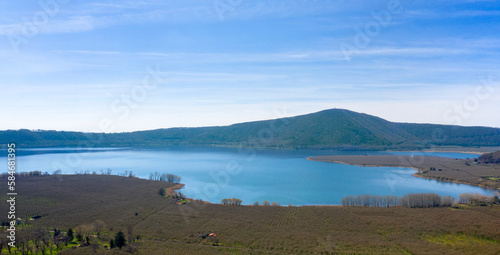 Aerial view of Lake Vico. It is a volcanic lake in the northern Lazio region, central Italy. It is one of the highest major Italian lakes and occupies the central caldera of Vico Volcano.