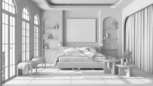 Total white project draft, modern wooden bedroom with parquet and arched windows. Master bed, carpets, tables and armchairs. Boho style interior design