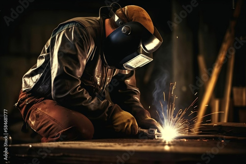 The welder is working. Metal welding. AI Generated