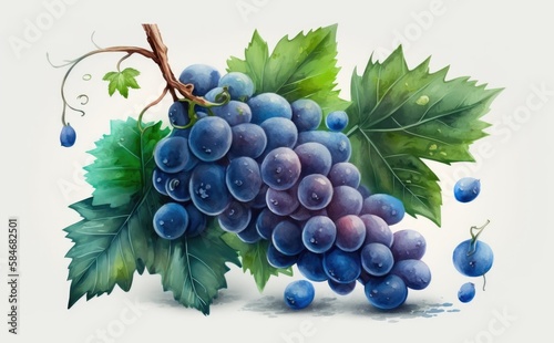 drawn blue grape on white background watercolor fruit organic food illustrations Generative AI