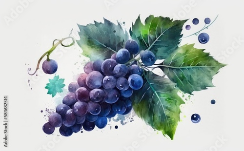 drawn blue grape on white background watercolor fruit organic food illustrations Generative AI