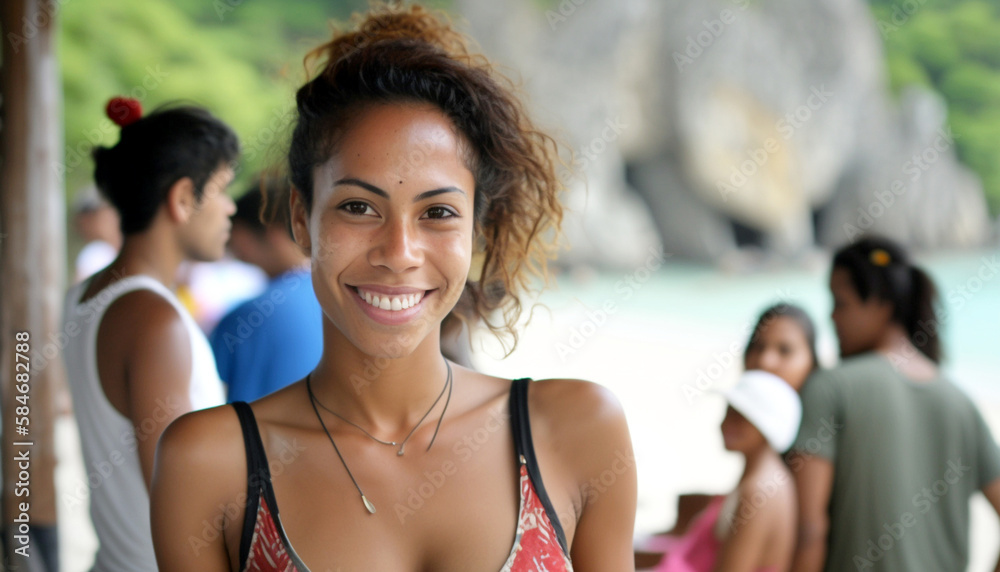 young woman with tanned skin on the beach with friends or family, happy smiling, fun and joy, fictional place and people, Generative AI young woman with tanned skin on the beach with friends or family, happy smiling, fun and joy, fictional place and people, Generative AI
