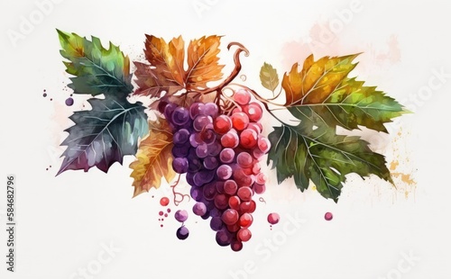 drawn red grape on white background watercolor fruit organic food illustrations Generative AI