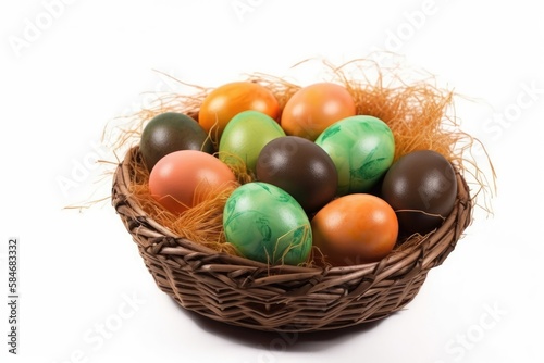 Isolated Easter eggs and basket. Generative AI