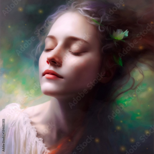 Beautiful dreamy fantasy sleeping girl on glowing background created with Generative AI technology