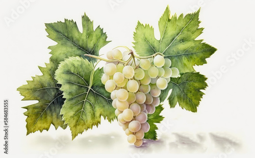 drawn white or green grape on white background watercolor fruit organic food illustrations Generative AI