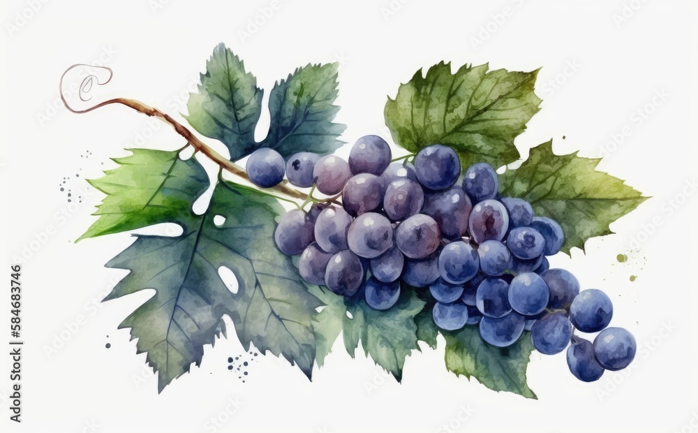 Obraz premium drawn blue grape on white background watercolor fruit organic food illustrations Generative AI