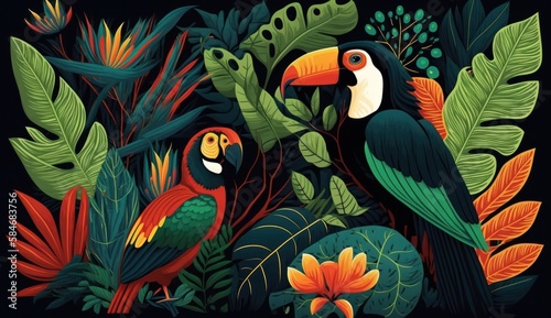 tropical leaves with bird of paradise, jungle, 2d flat digital illustration, green background, generative ai © vadymstock
