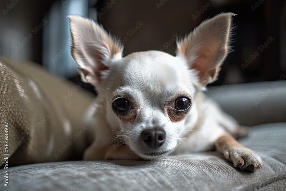 Naklejka premium At home, a cute chihuahua pet is sprawled out on the couch. Copy space daily existence of an animal. Generative AI