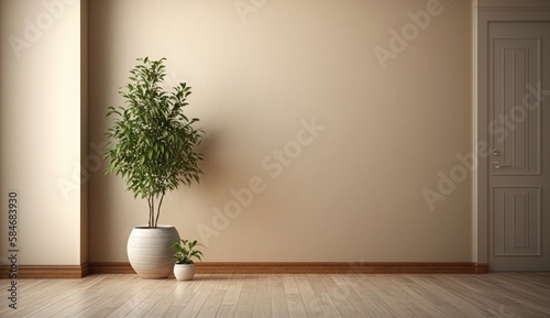Empty interior background, room with blue wall, vase with branch and window 3d rendering. AI generative. © vadymstock